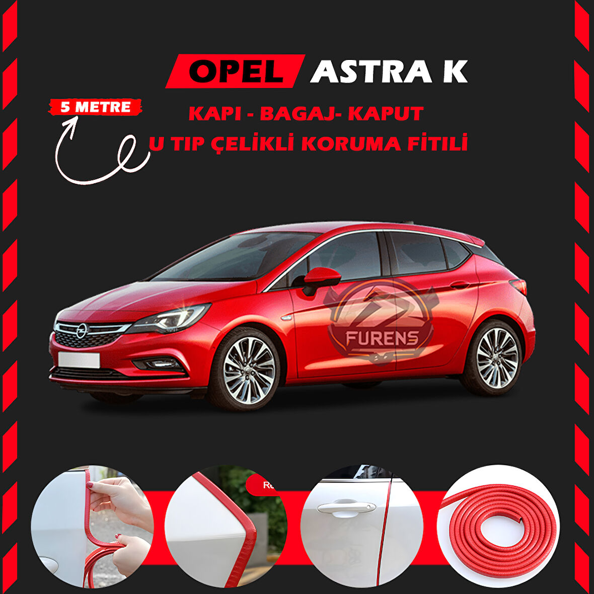 Opel Astra K Oto Araç Kapı Koruma Fitili 5metre Parlak Kırmızı Renk