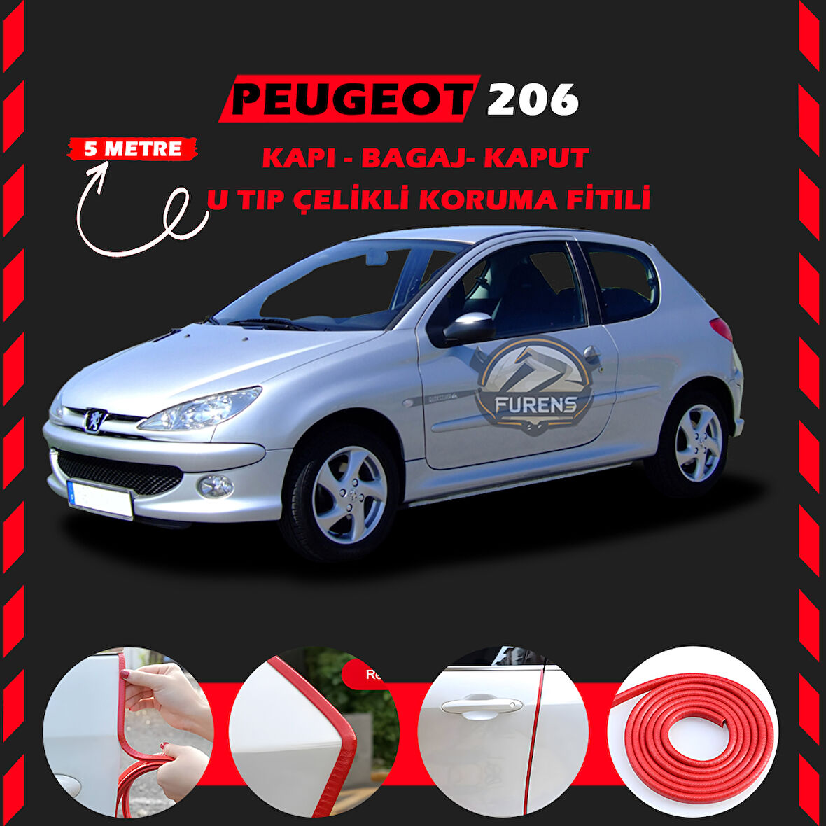 Peugeot 206 Oto Araç Kapı Koruma Fitili 5metre Parlak Kırmızı Renk
