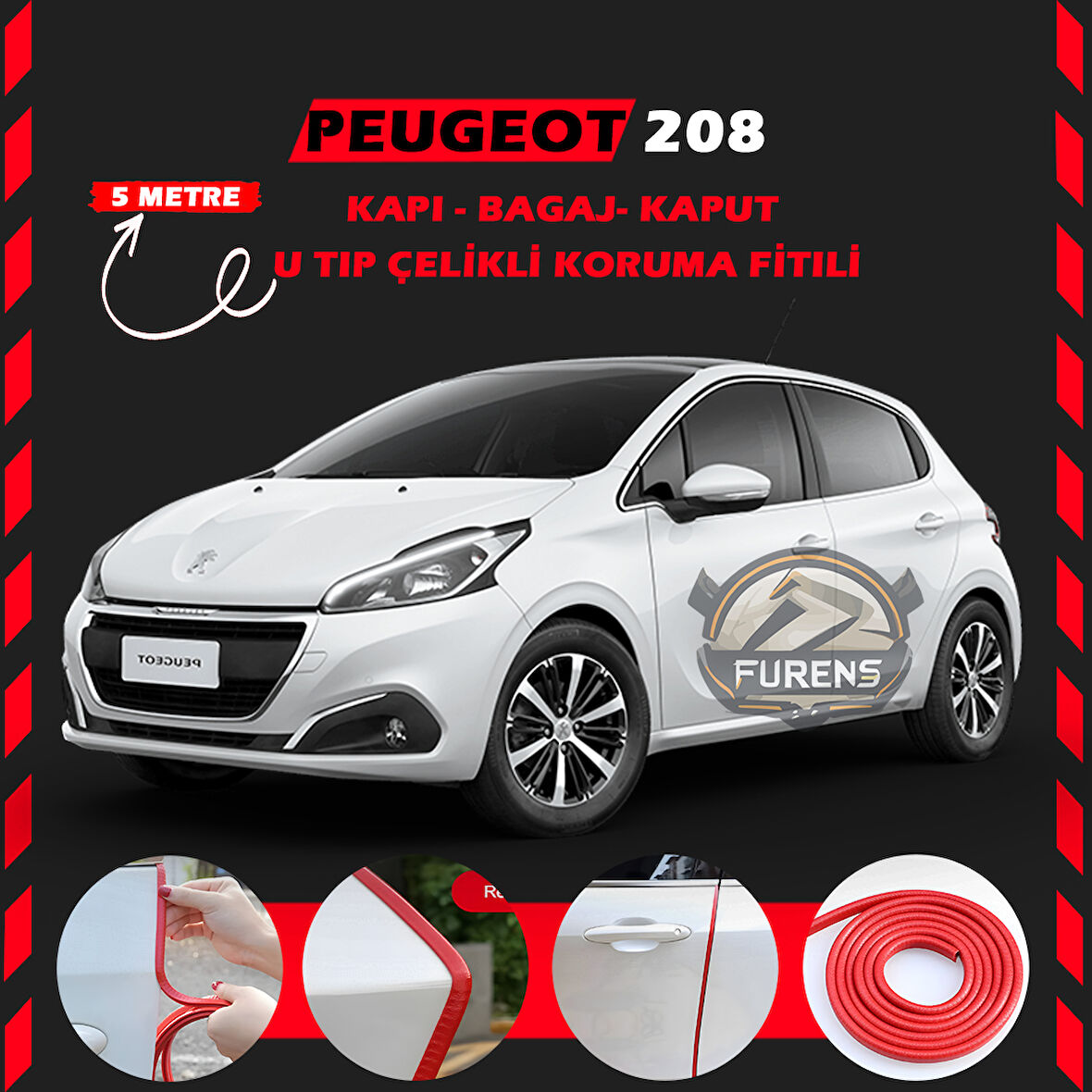 Peugeot 208 Oto Araç Kapı Koruma Fitili 5metre Parlak Kırmızı Renk