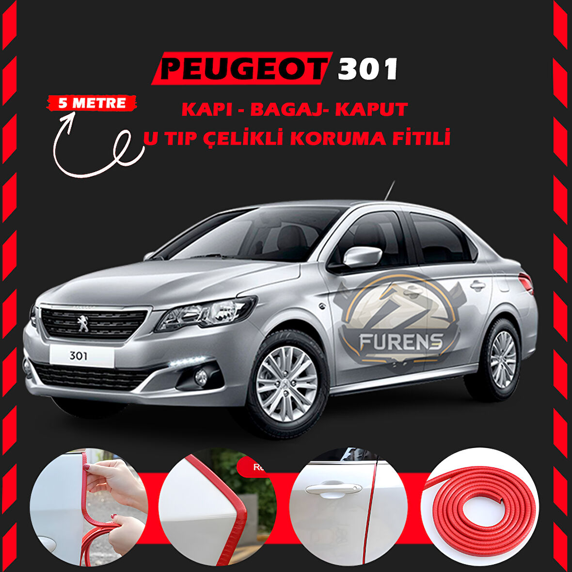 Peugeot 301 Oto Araç Kapı Koruma Fitili 5metre Parlak Kırmızı Renk