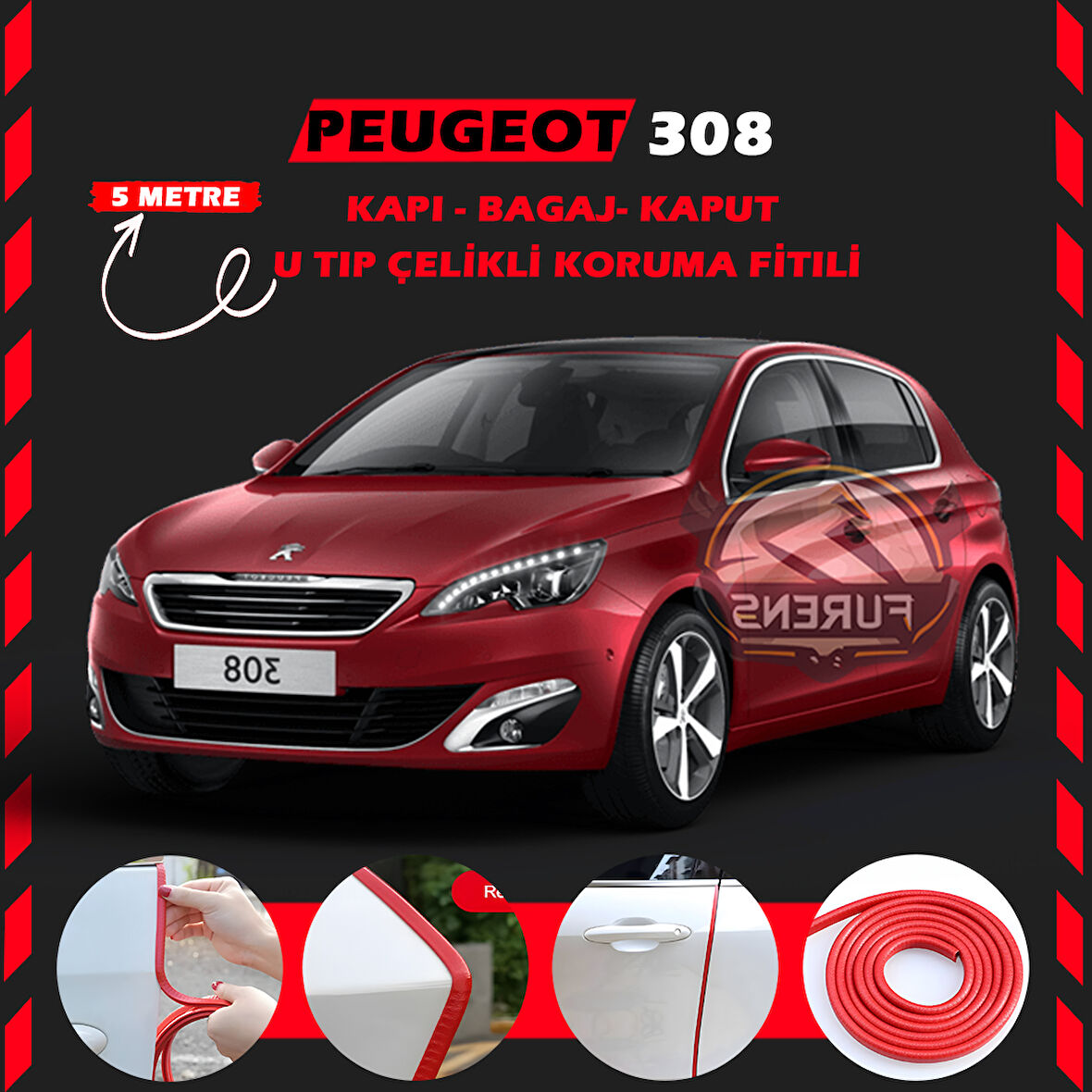 Peugeot 308 Oto Araç Kapı Koruma Fitili 5metre Parlak Kırmızı Renk