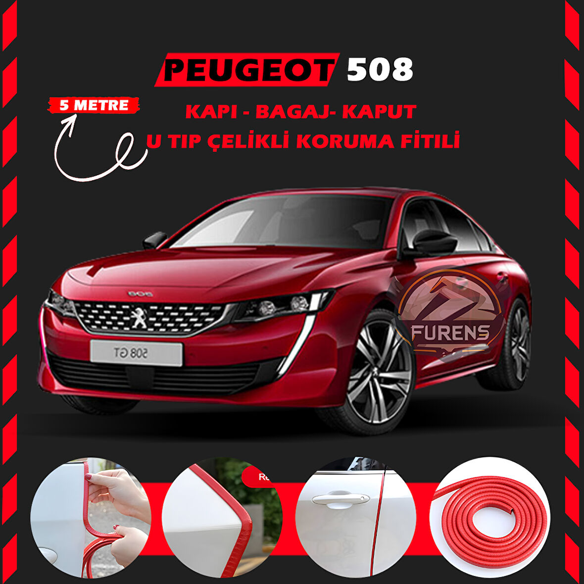 Peugeot 508 Oto Araç Kapı Koruma Fitili 5metre Parlak Kırmızı Renk