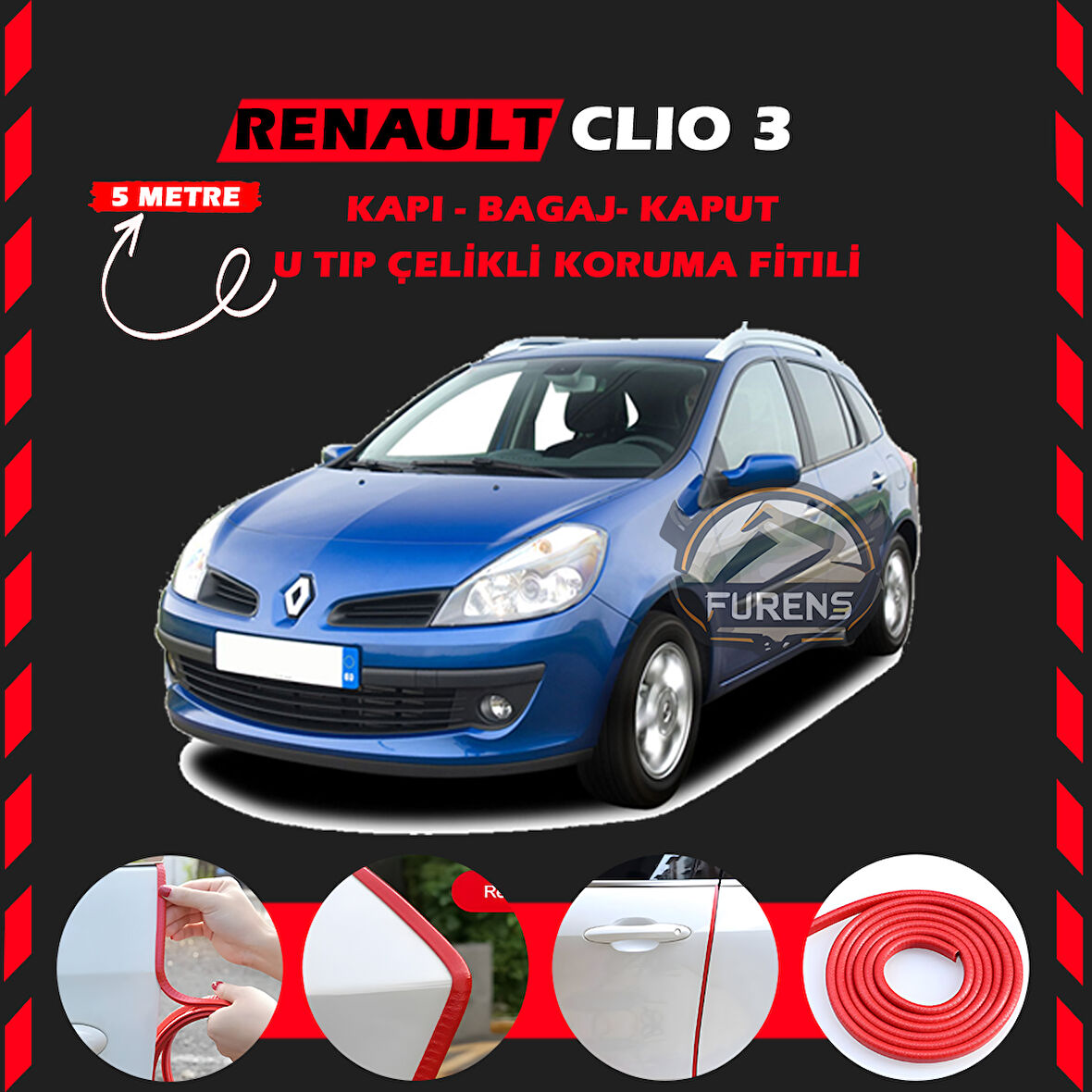 Renault Clio 3 Oto Araç Kapı Koruma Fitili 5metre Parlak Kırmızı Renk