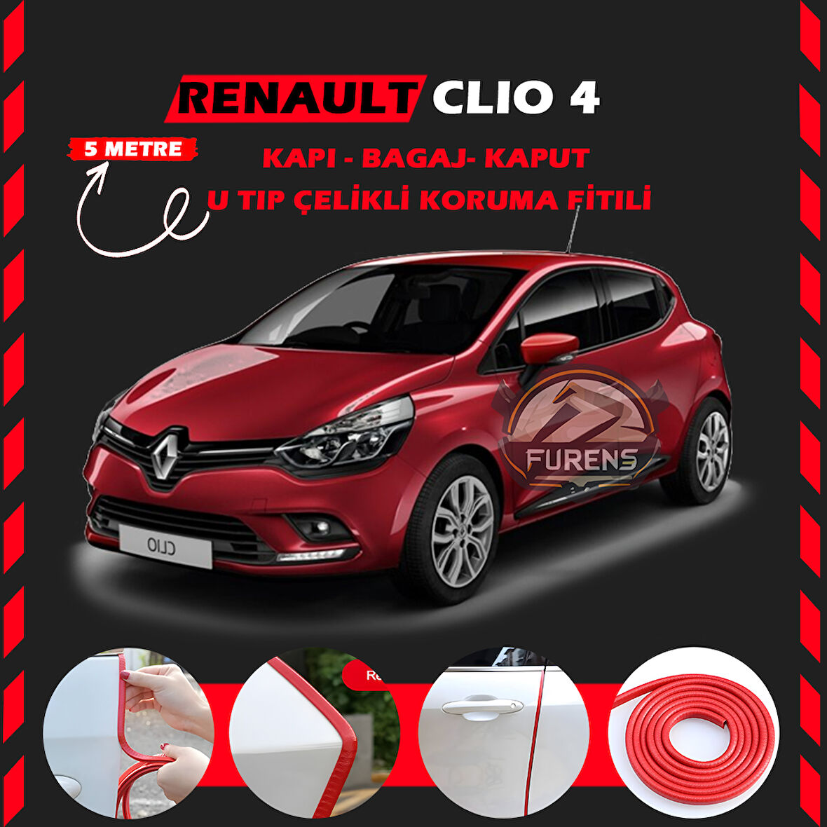 Renault Clio 4 Oto Araç Kapı Koruma Fitili 5metre Parlak Kırmızı Renk