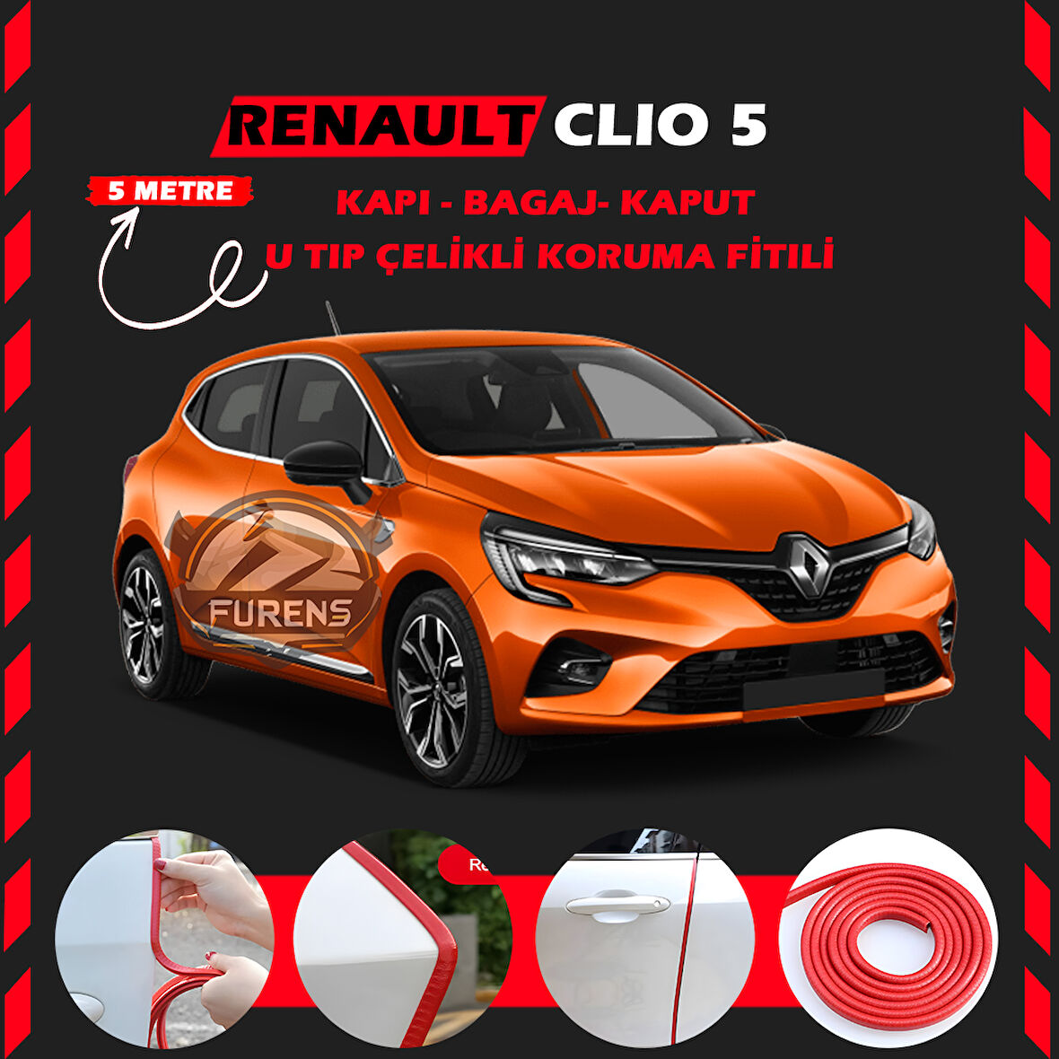 Renault Clio 5 Oto Araç Kapı Koruma Fitili 5metre Parlak Kırmızı Renk