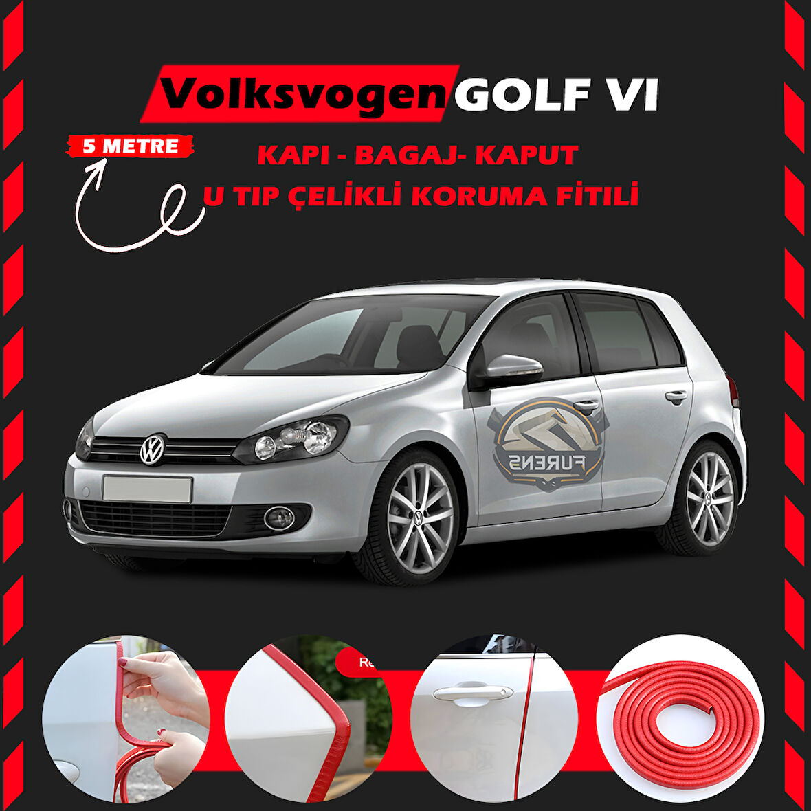 Volksvogen Golf 6 Oto Araç Kapı Koruma Fitili 5metre Parlak Kırmızı Renk