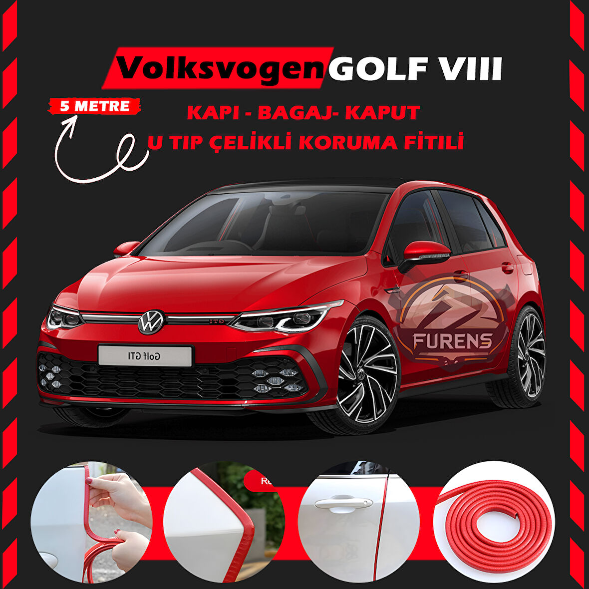Volksvogen Golf 8 Oto Araç Kapı Koruma Fitili 5metre Parlak Kırmızı Renk