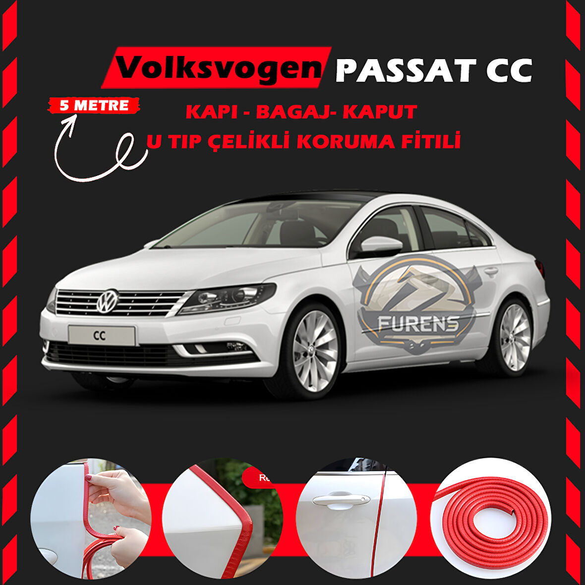 Volksvogen Passat cc Oto Araç Kapı Koruma Fitili 5metre Parlak Kırmızı Renk