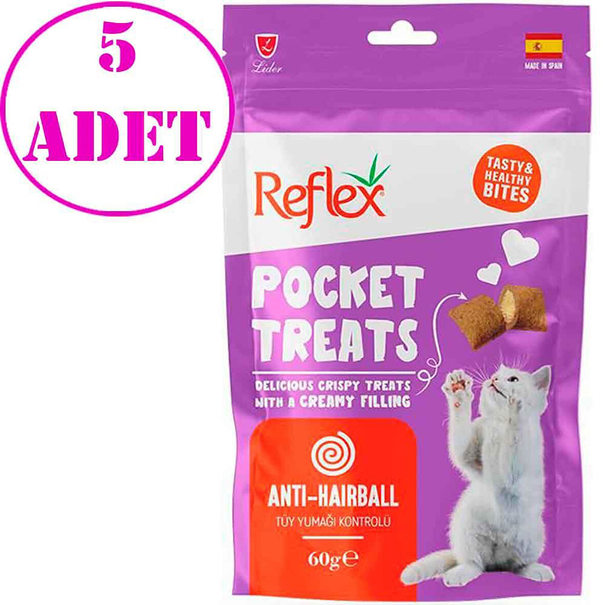 Reflex Pocket Treats Kedi Ödül Maması Anti-Hairball Tüy Yumağı Kontrolü 60 Gr 5 AD