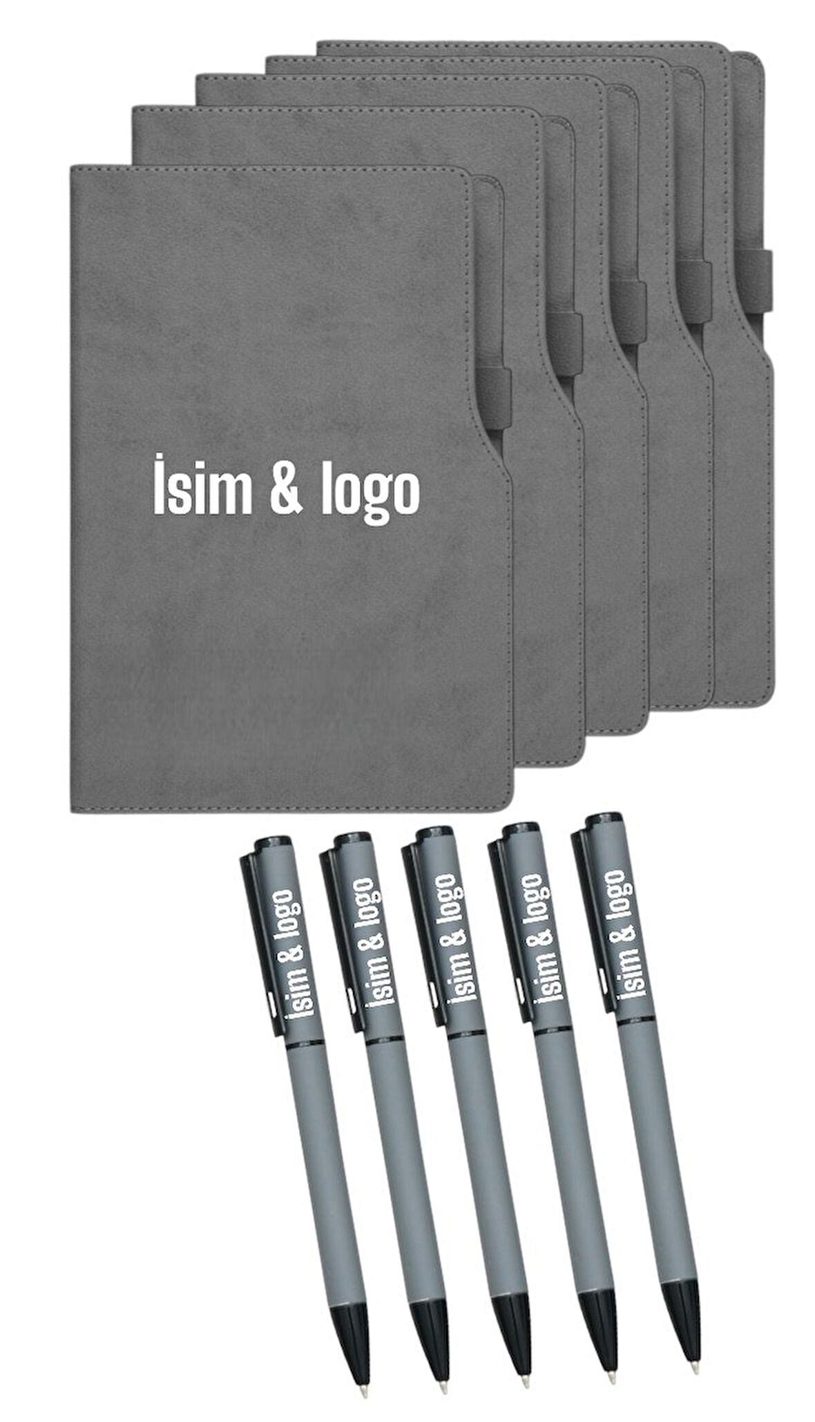 Firmalara Özel İsim Baskılı Özelleştirilebilir 5'li Deri Defter ve Metal Kalem Seti