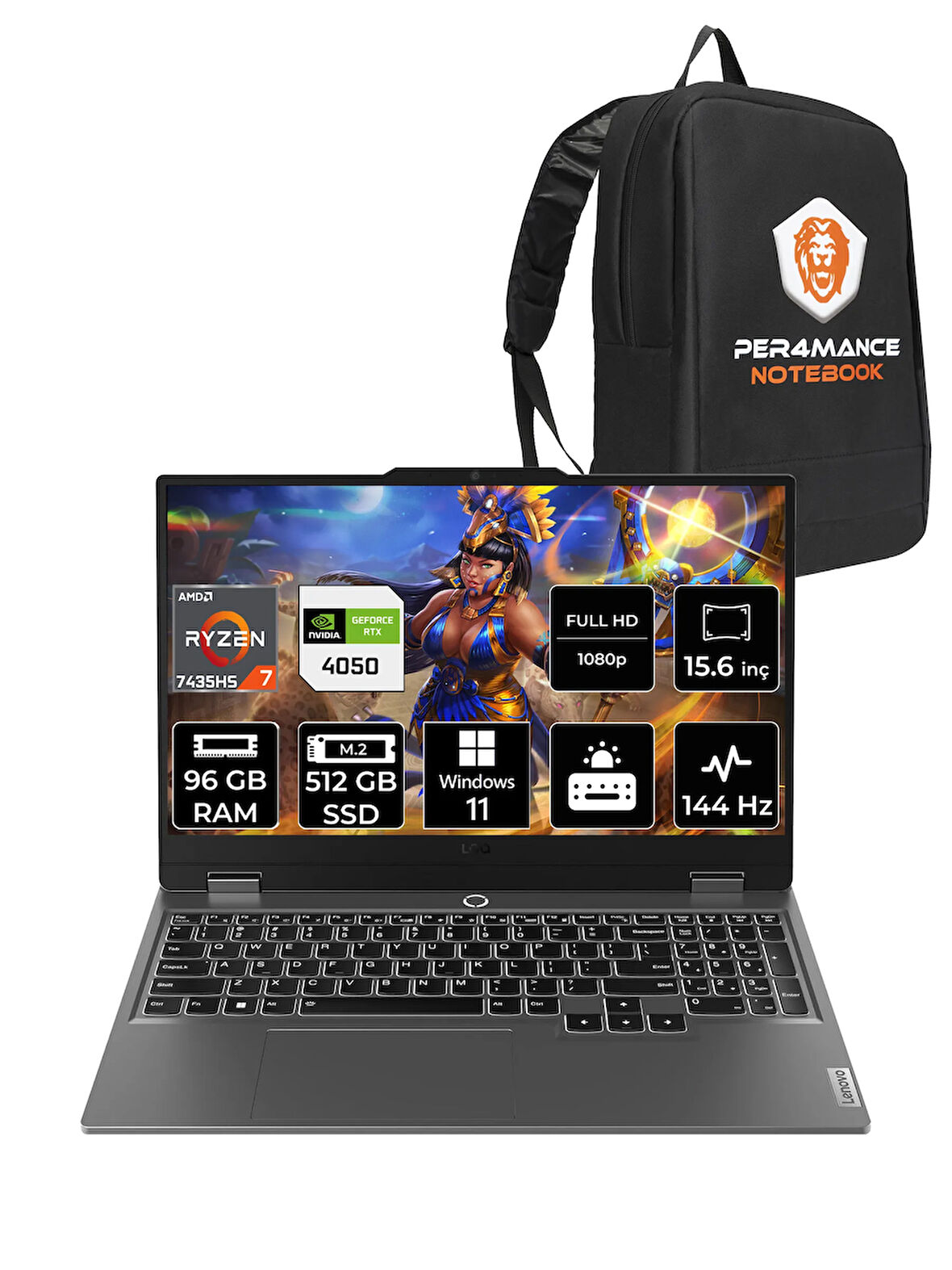 Lenovo LOQ R7 7435HS 96GB 512GB SSD RTX4050/6GB 105W 144Hz FHD 15.6" W11P Gaming Laptop & PER4 ÇANTA