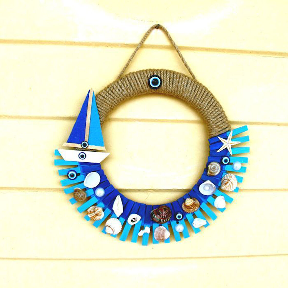 Uretti - Fatma 4830 8977 El Yapımı Mandallarla Süslenmiş Deniz Temalı Duvar Süsü