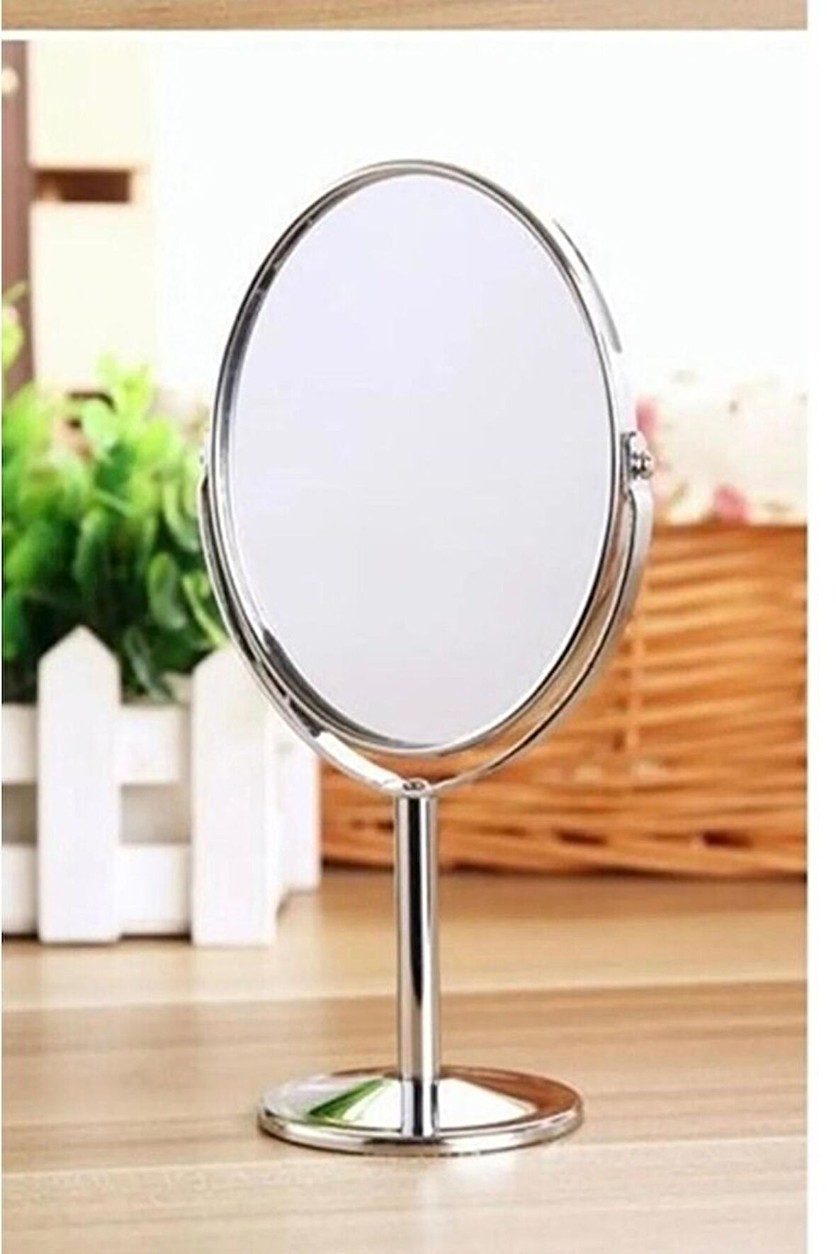 SONX Oval Masaüstü Ayaklı 360° Dönebilen, İşyeri, Seyahat İçin Mini Krom Ayna 15X25CM