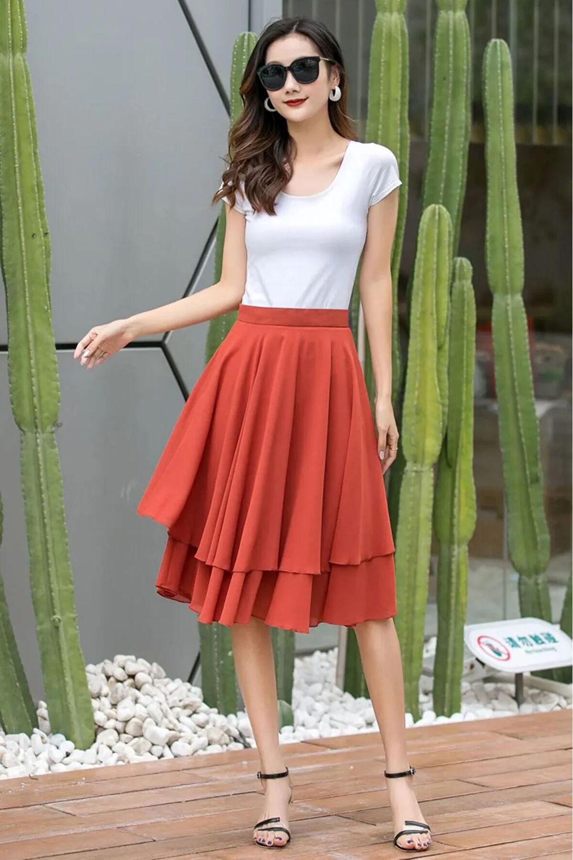 Diz Üstü İki Katlı Şifon Etek