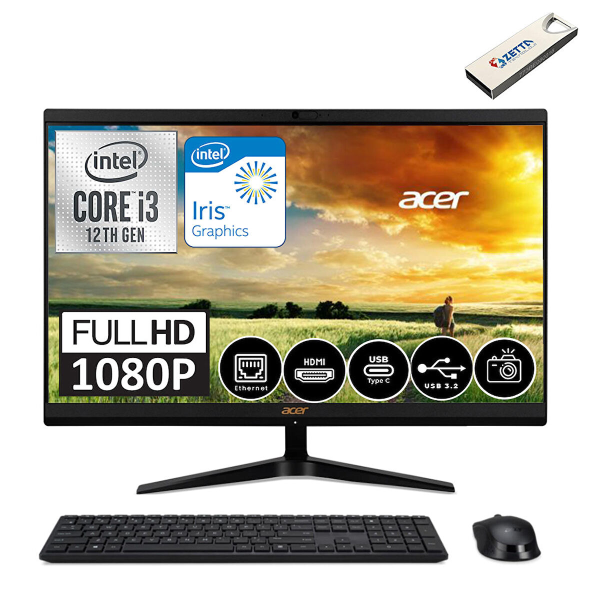 Acer Aspire C24-1700 DQBJFEMWH018 Intel Core i3-1215U 64 GB Ram 2 TB SSD Iris Xe Graphics 23.8" Full HD All in One PC + Zetta Flash Bellek