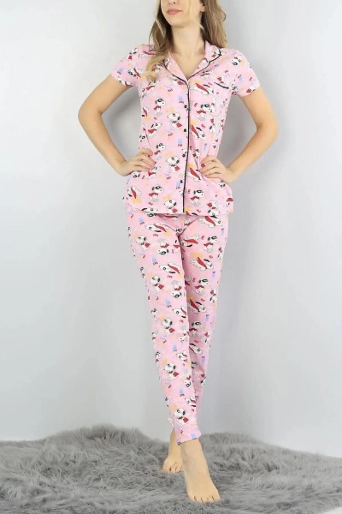 Snoopy Baskılı Önden Düğmeli Kadın Pijama Takım