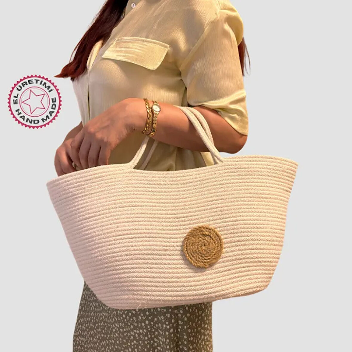 Uretti - Şenay 1451 El Yapımı Tress İp Plaj Çanta 23cm - Beyaz