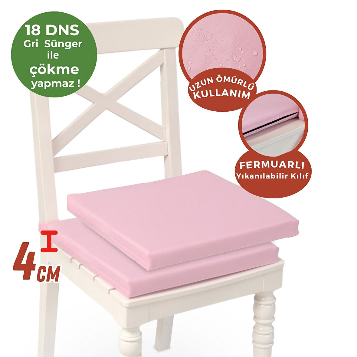 Xpermate Fermuarlı 2'li Sandalye Minderi Su İtici Kumaş 40x40Cm Sünger Sandalye Minderi Bağcıklı Pembe