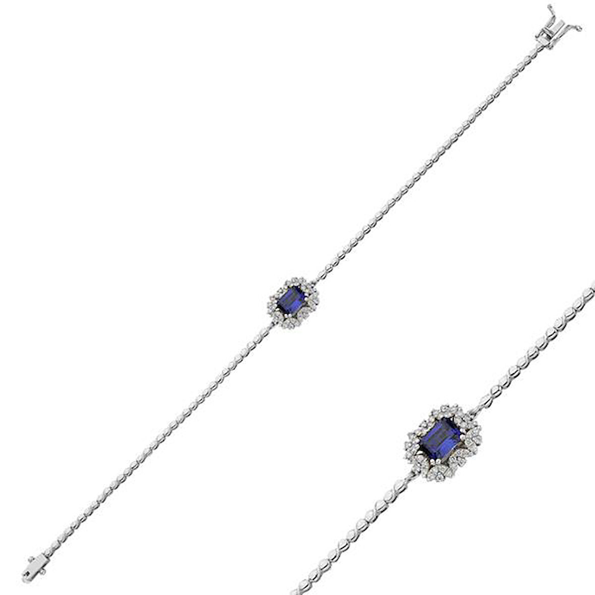 0,35 Karat Pırlantalı Safir Taşlı Baget Yüzük