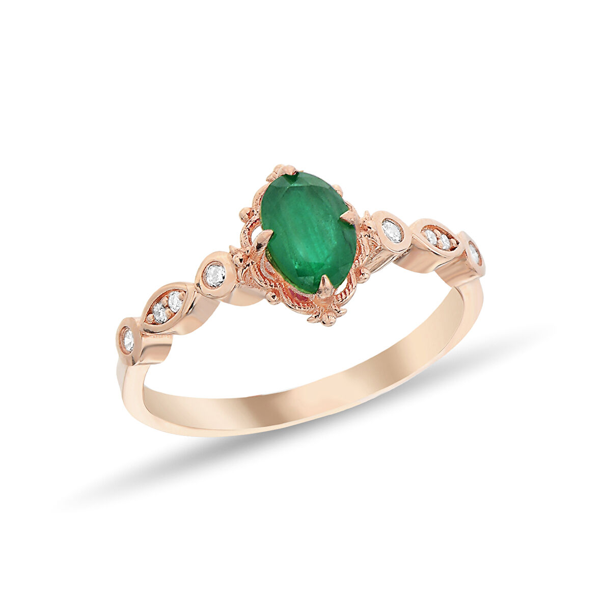 0,08 Karat Pırlantalı Zümrüt Taşlı Vintage Yüzük