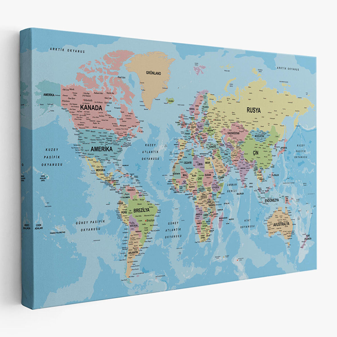 Harita Sepeti Dünya Haritası Türkçe Kanvas Tablo Ayrıntılı Dekoratif-Okyanuslu 2160