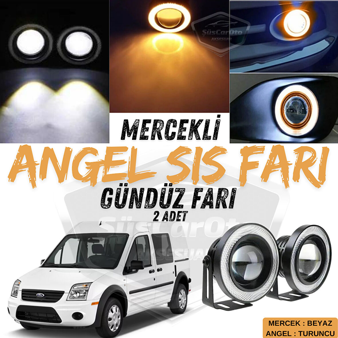 Ford Transit Connect 2002-2013 Uyumlu Üniversal Mercekli Angel Sis Farı Metal Su Geçirmez 76 mm Turuncu Halkalı Gündüz Farı Angel Eyes 2 Adet