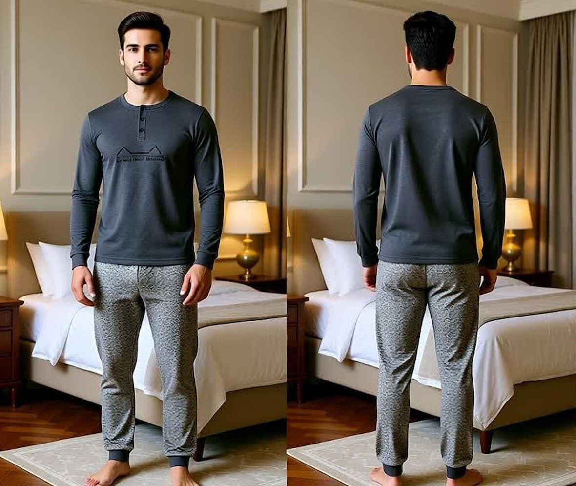 Erkek Pamuklu Gri Melanj Renk Pijama Takımı AL001-2