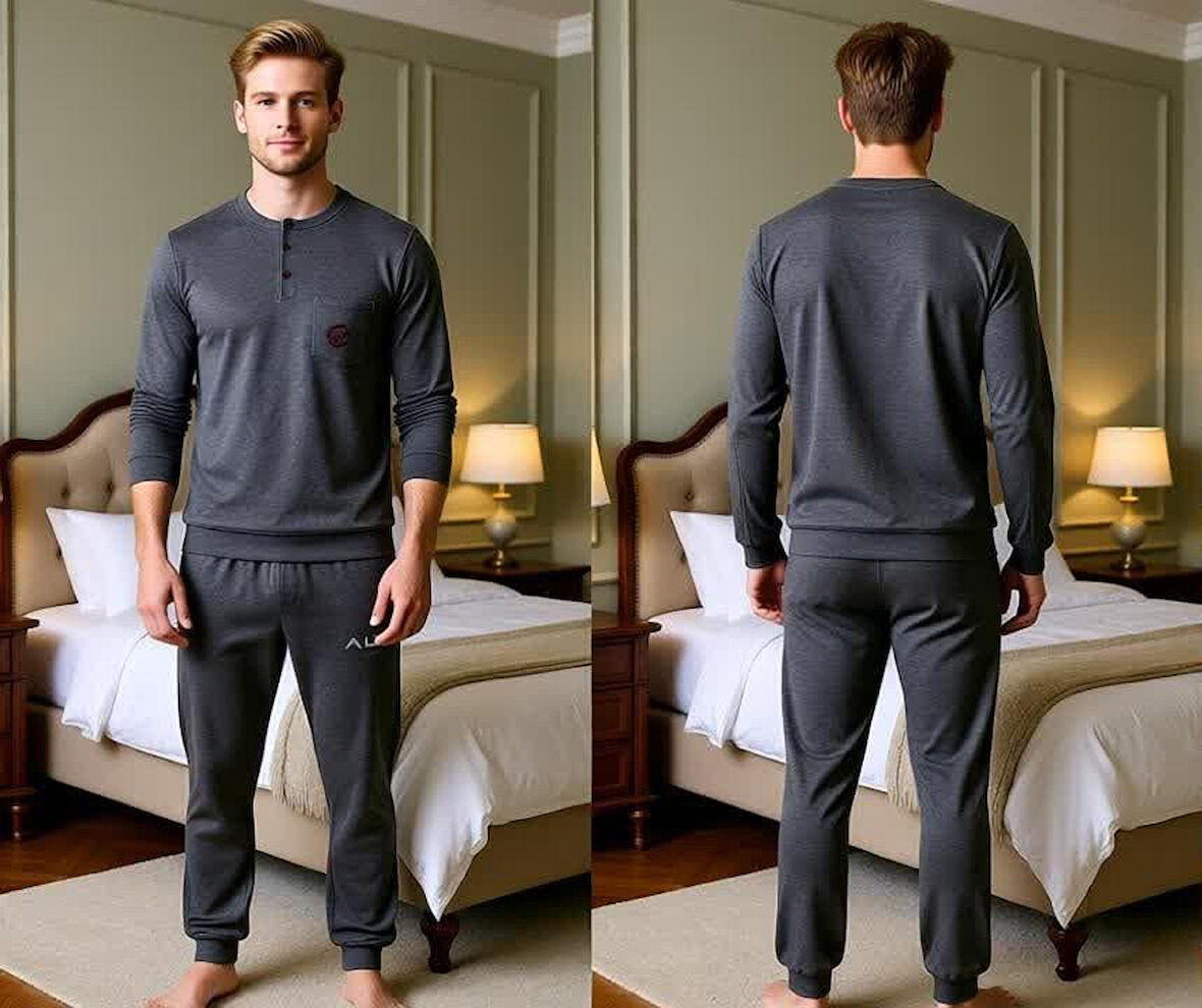 Erkek Pamuklu Koyu Gri Renk Pijama Takımı AL007-2