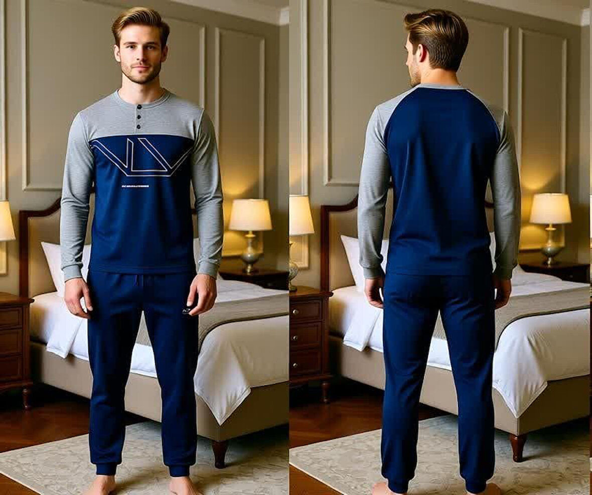 Erkek Pamuklu Gri - Lacivert Renk Pijama Takımı AL008-2