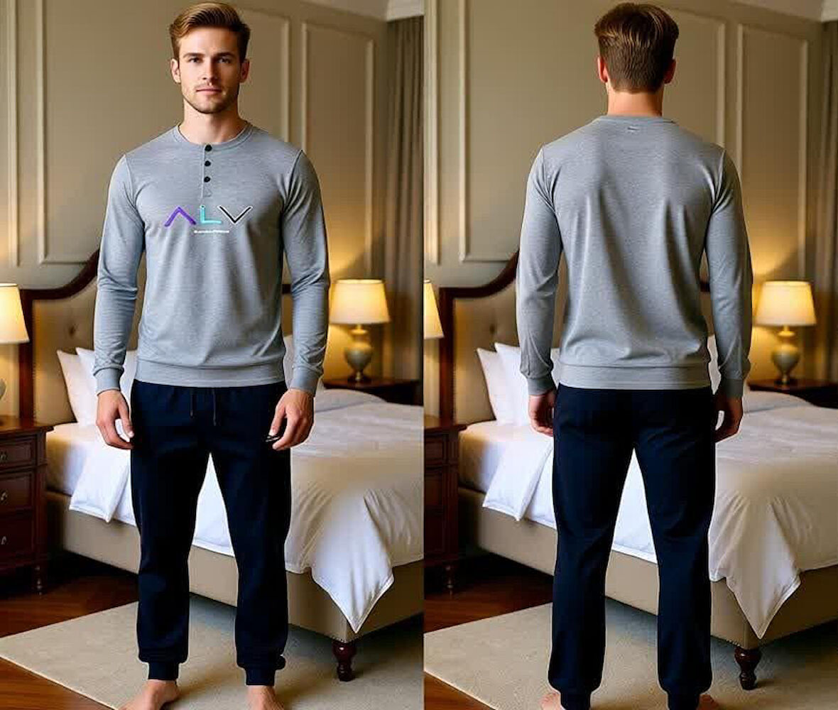 Erkek Pamuklu Gri Melanj - Lacivert Renk Pijama Takımı AL009