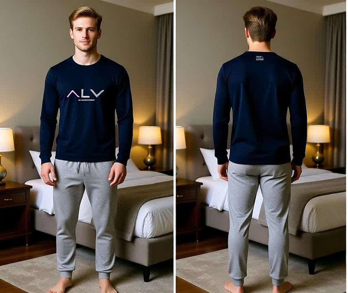 Erkek Pamuklu Lacivert Renk Pijama Takımı AL009-2