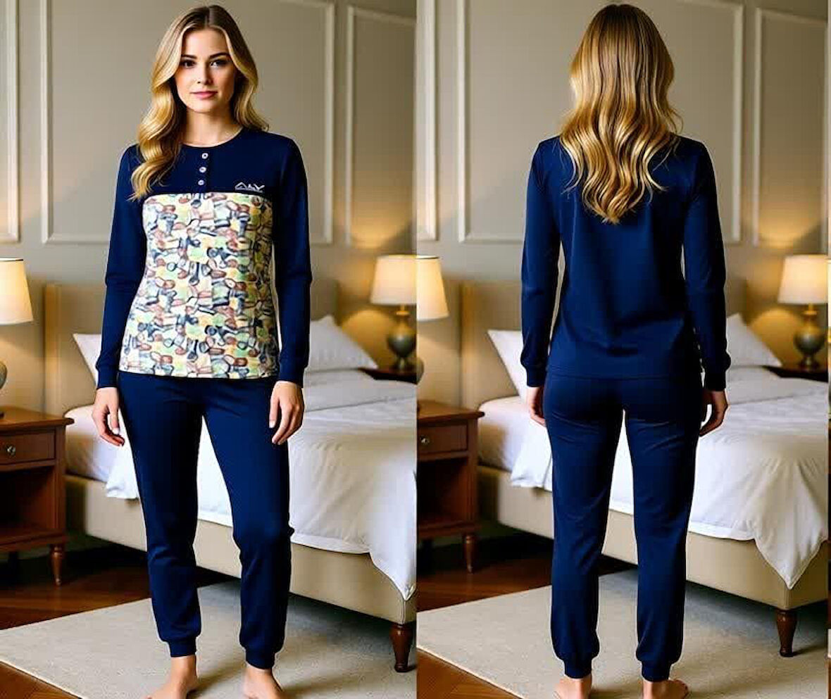 Kadın Pamuklu Lacivert - Desenli Renk Pijama Takımı AL501-2