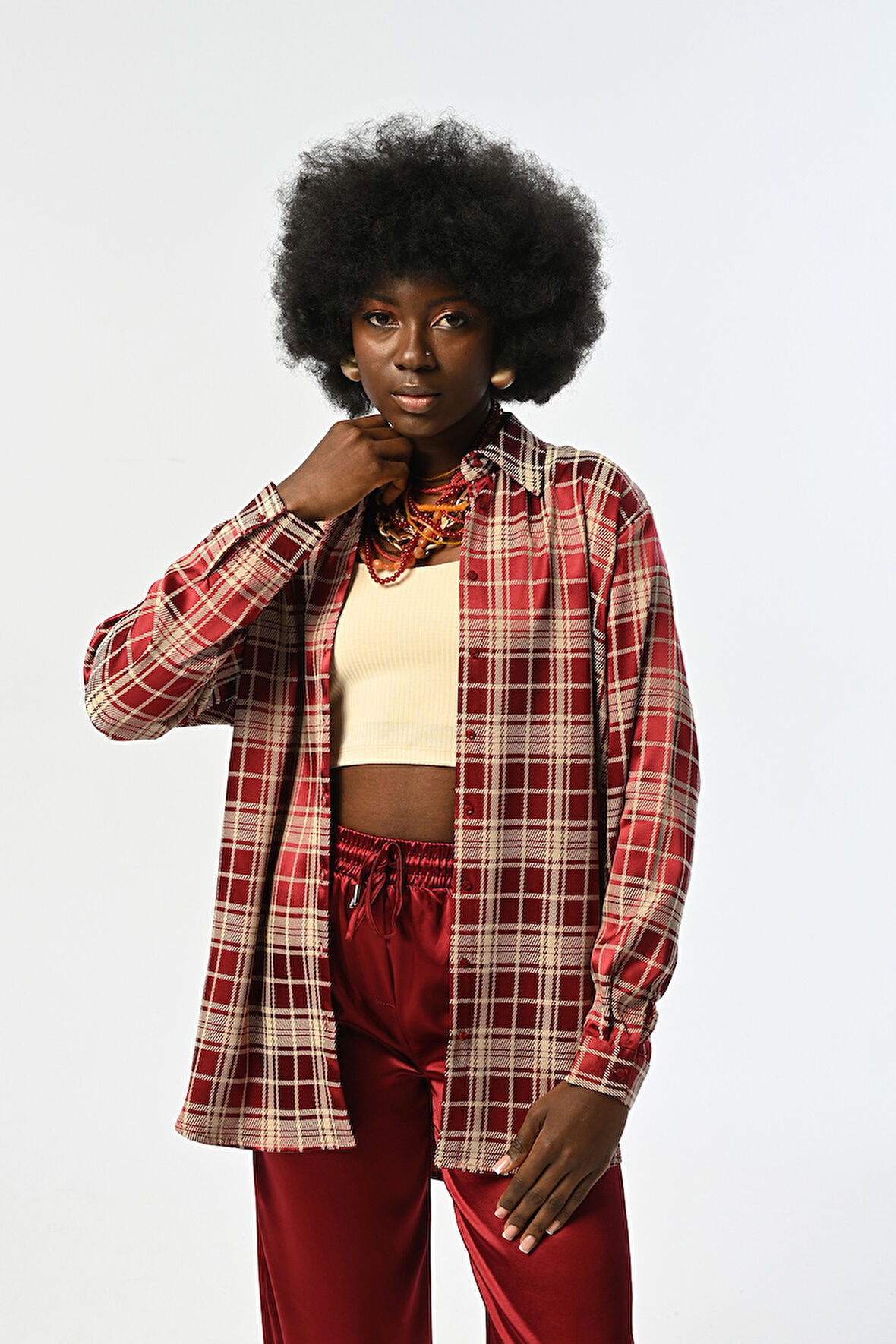 KADIN BORDO RENK EKOSE DESENLİ OVERSİZE KESİM GÖMLEK