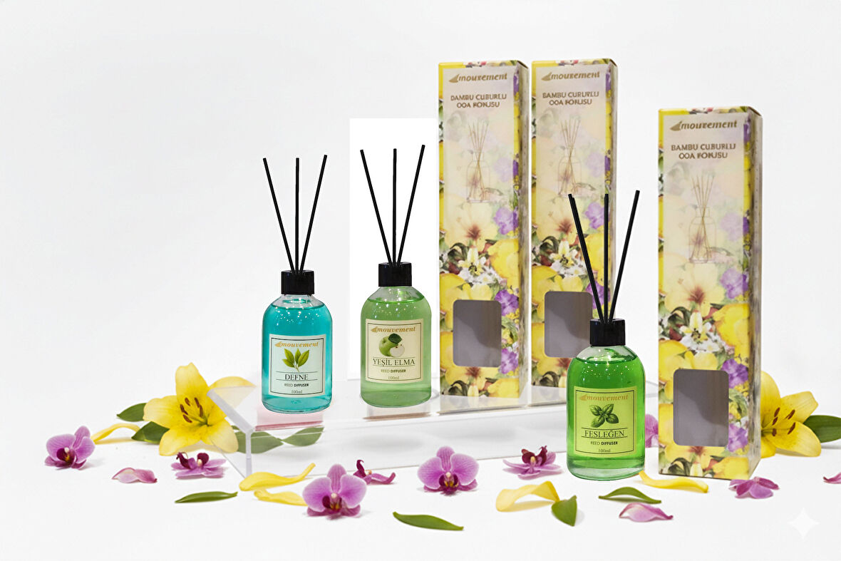 100 Ml 3’lü Çubuklu Oda Kokusu Seti – Defne, Yeşil Elma, Fesleğen