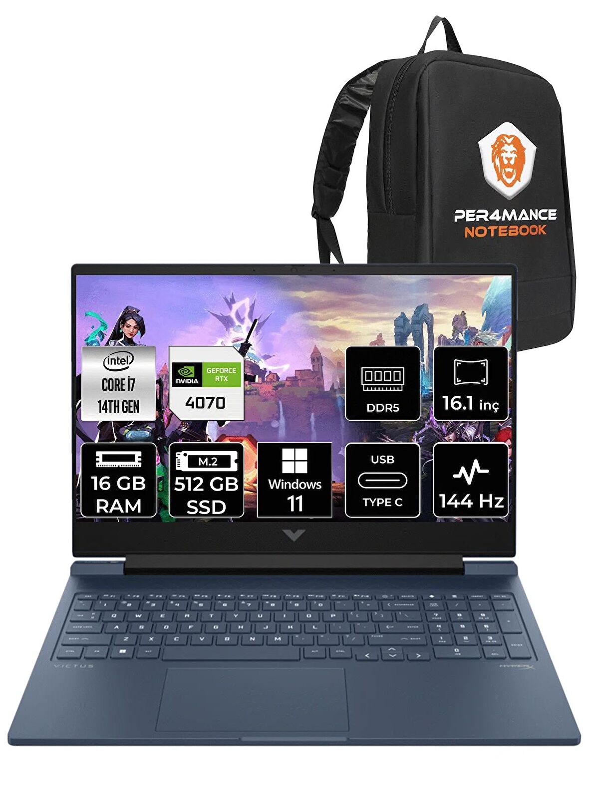 HP VİCTUS 16  i7-14700HX 16GB RAM 512GB SSD RTX4070/8GB 144Hz 16.1 FHD W11PRO 9J221EA & PER4 ÇANTA