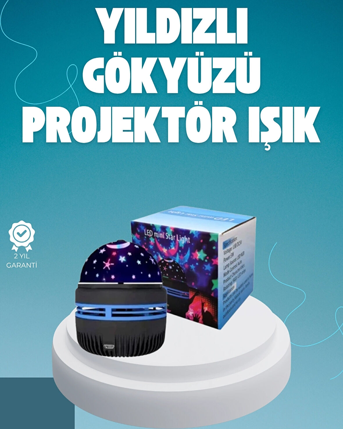 BUĞZ Döner Galaxy Projektör Gece Lambası – Ay ve Yıldız Işıklı Atmosfer Lamba, USB Bağlantılı
