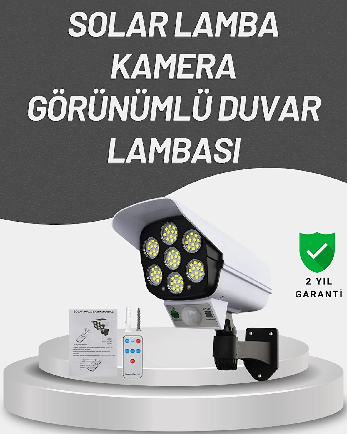 BUĞZ 77 LED'li Güneş Enerjili Güvenlik Lambası ve Kukla Kamera – Hareket Sensörlü, 2400mAh Pilli