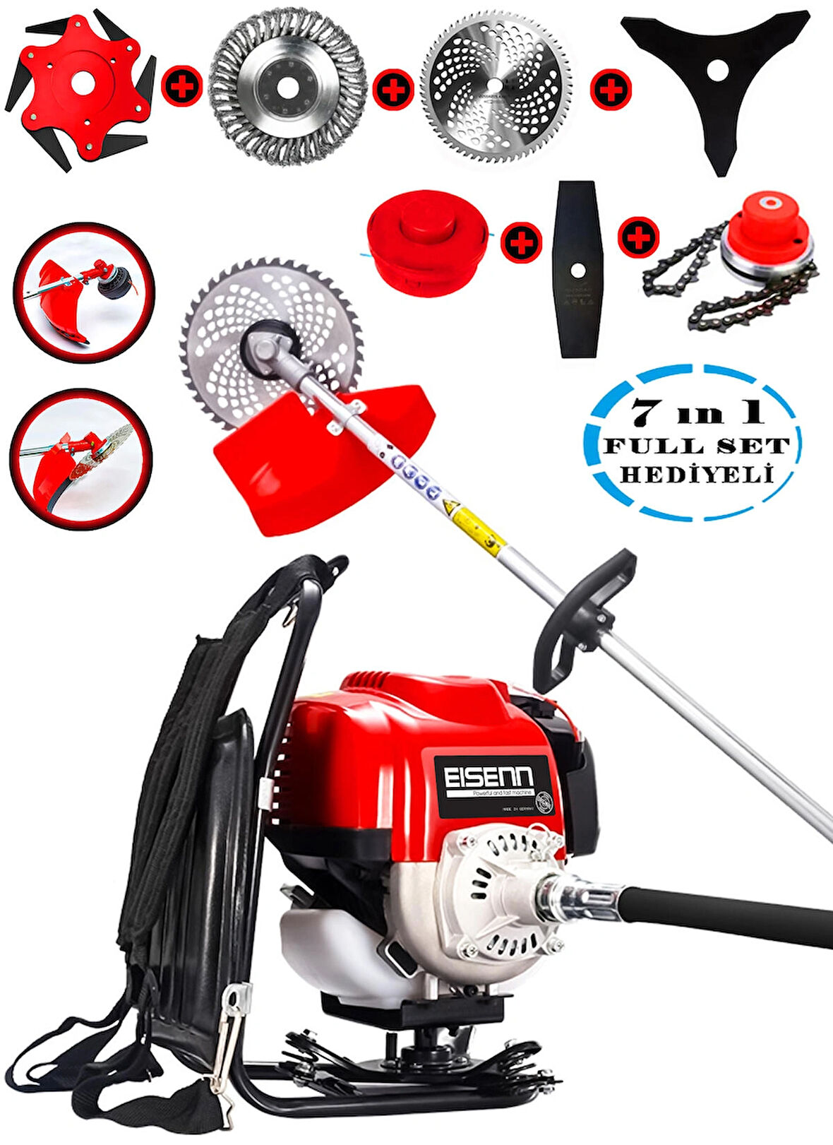 Eisenn Alman 7 İN 1 Sırt Tipi Benzinli Motorlu Ot Çalı Tırpanı Çim Biçme Makinesi Canavar Başlık 20 HP