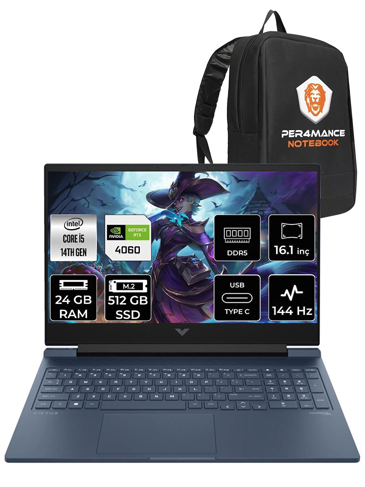HP VİCTUS 16  i5-14500HX 24GB RAM 512GB SSD RTX4060/8GB 144Hz 16.1 FHD FDOS 9J260EA & PER4 ÇANTA