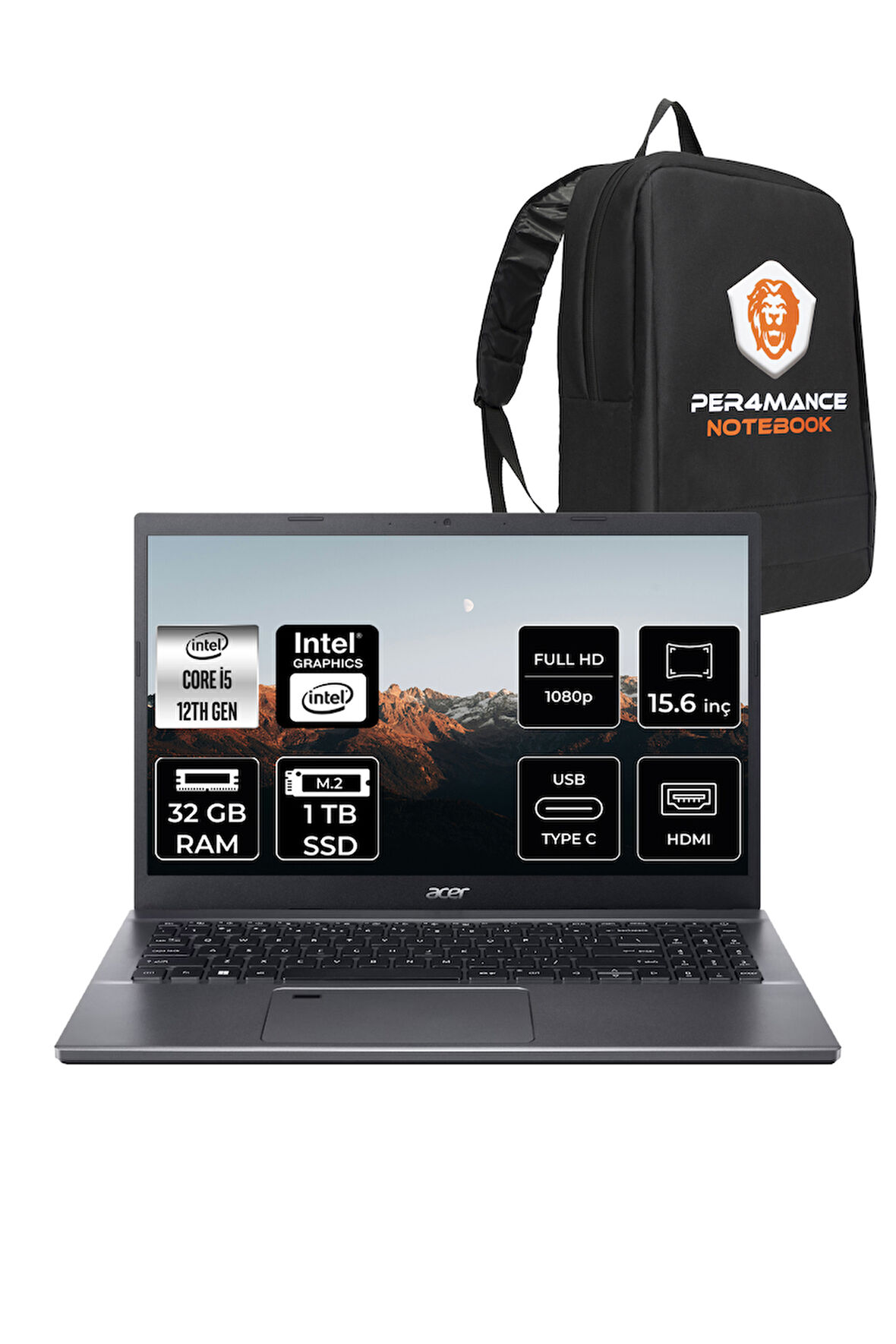 ACER Aspire 5 i5 12450H 32GB RAM 1TB SSD 15.6'' FHD FDOS Taşınabilir Bilgisayar & PER4 ÇANTA