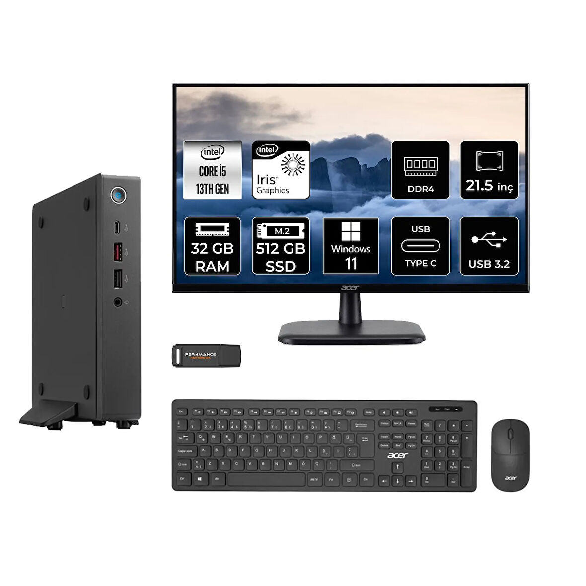 Acer Veriton 2000 i5 1334U 32GB 512GB SSD 21.5" FHD W11H Mini Masaüstü Bilgisayar & PER4 USB Bellek