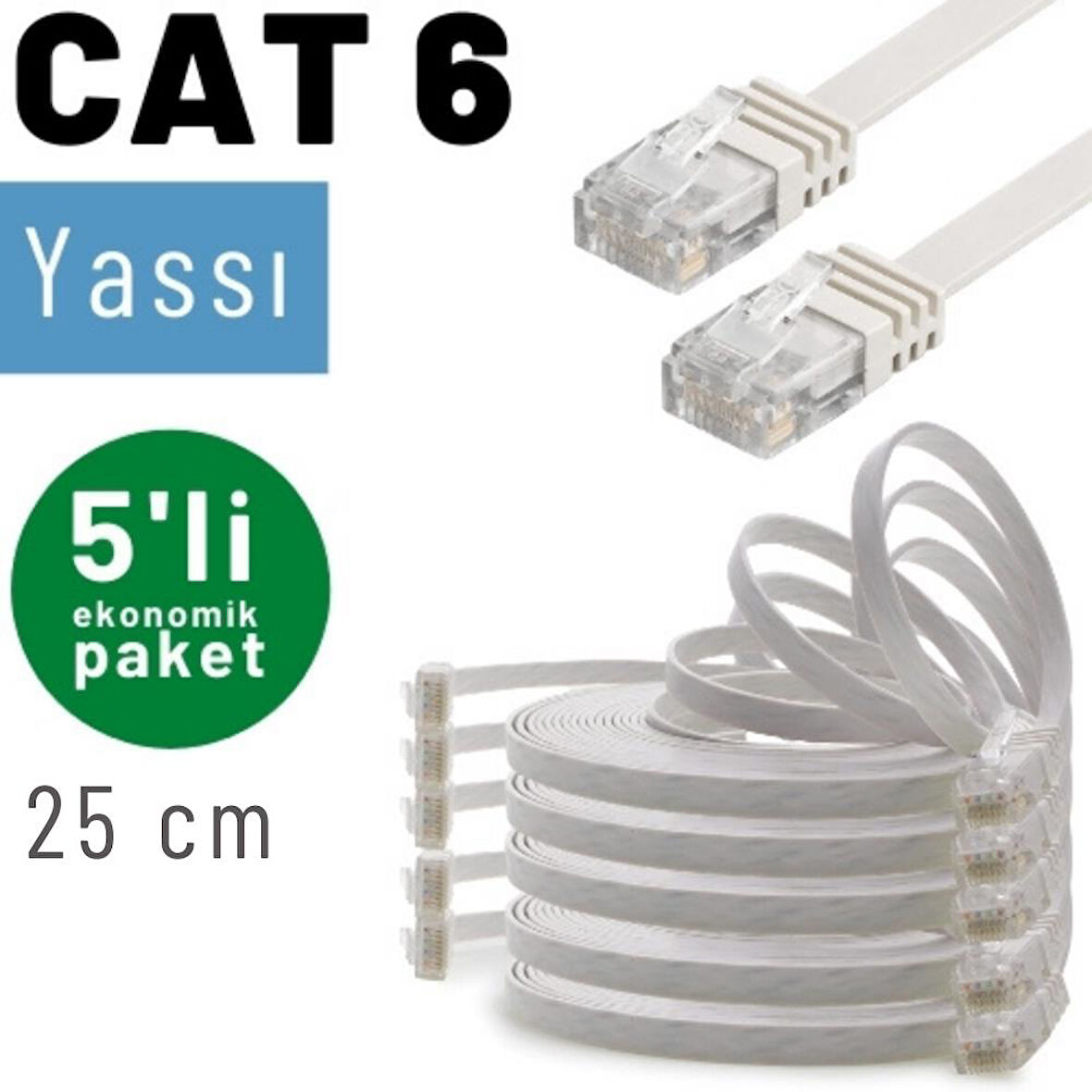 IRENIS 5 adet 25 cm CAT6 Kablo Yassı Ethernet Network Lan Ağ İnternet Kablosu