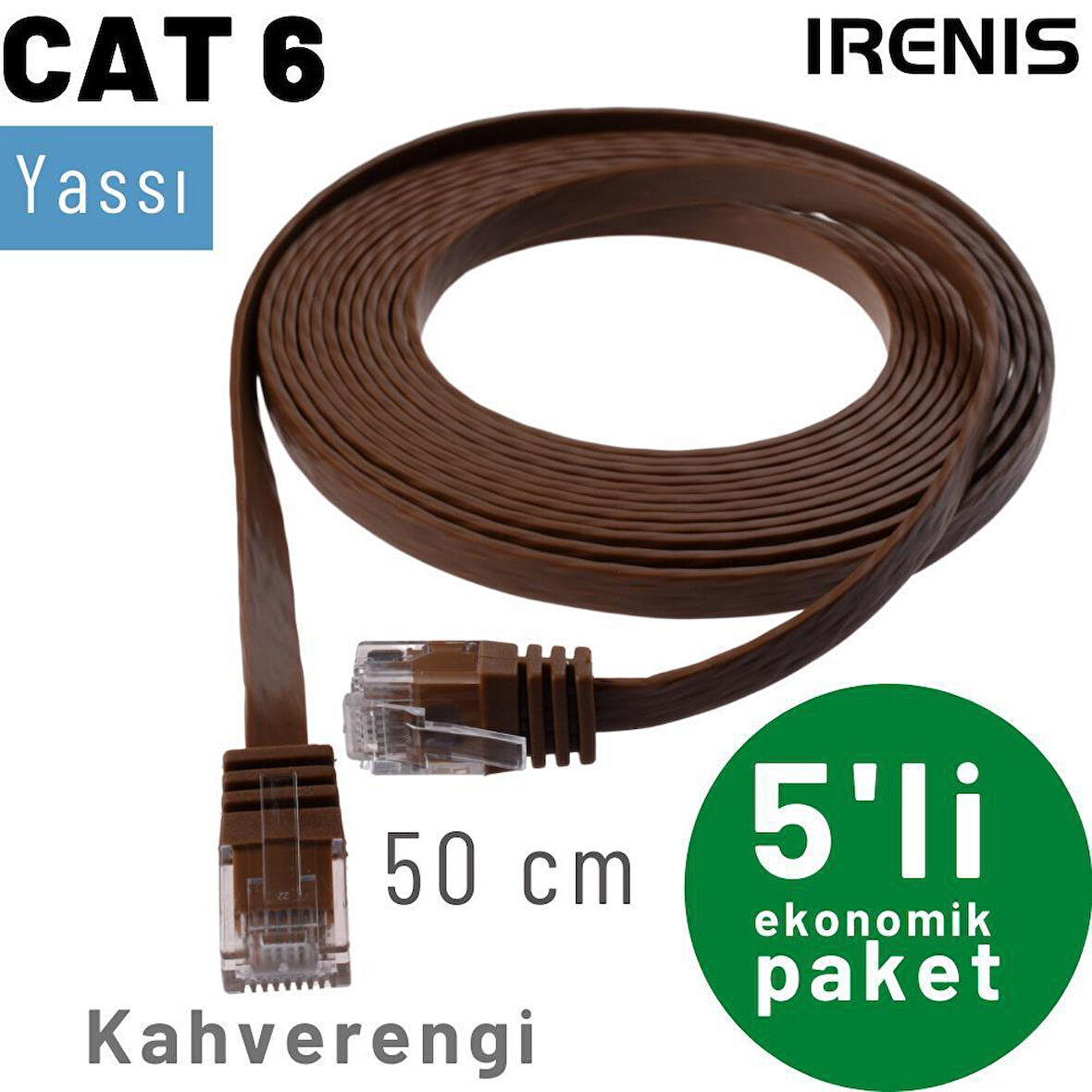 IRENIS 5 adet 50 cm CAT6 Kablo Yassı Ethernet Network Lan Ağ İnternet Kablosu