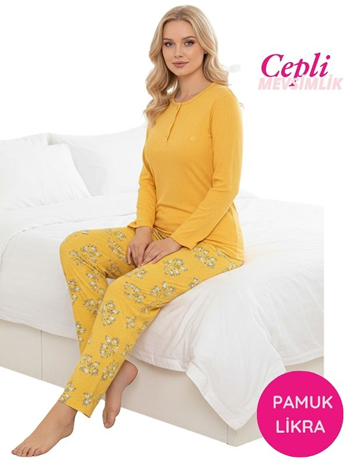 Kadın Sarı Çiçek Desen Mevsimlik Pamuklu Penye Uzun Kol Cepli Pijama Takımı-Slim Fit Dar Kalıp