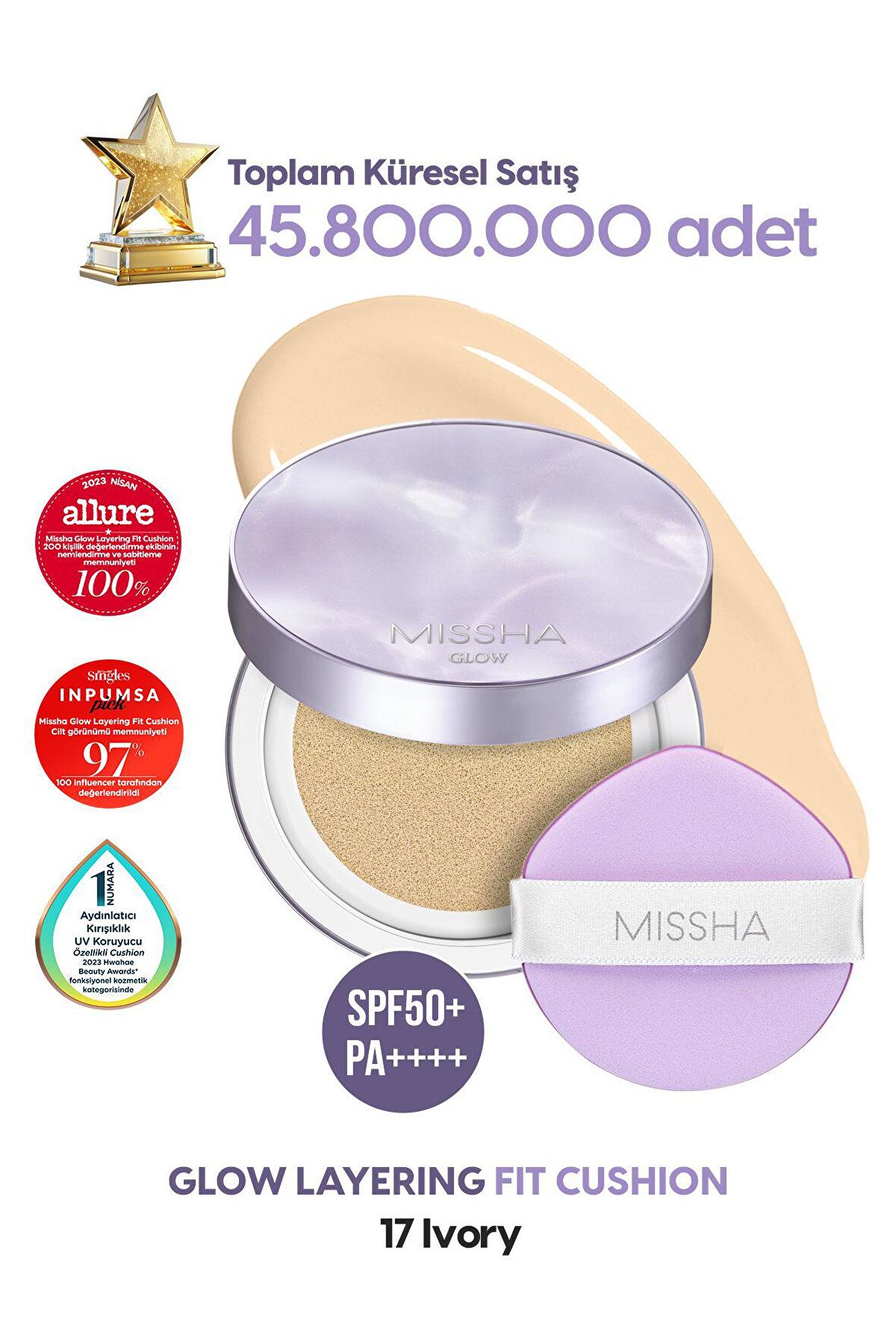 Yoğun Kapatıcı, Nemli ve Parlak Bitişli Cushion Glow Layering Fit Cushion No.17 Ivory SPF50+/PA++++