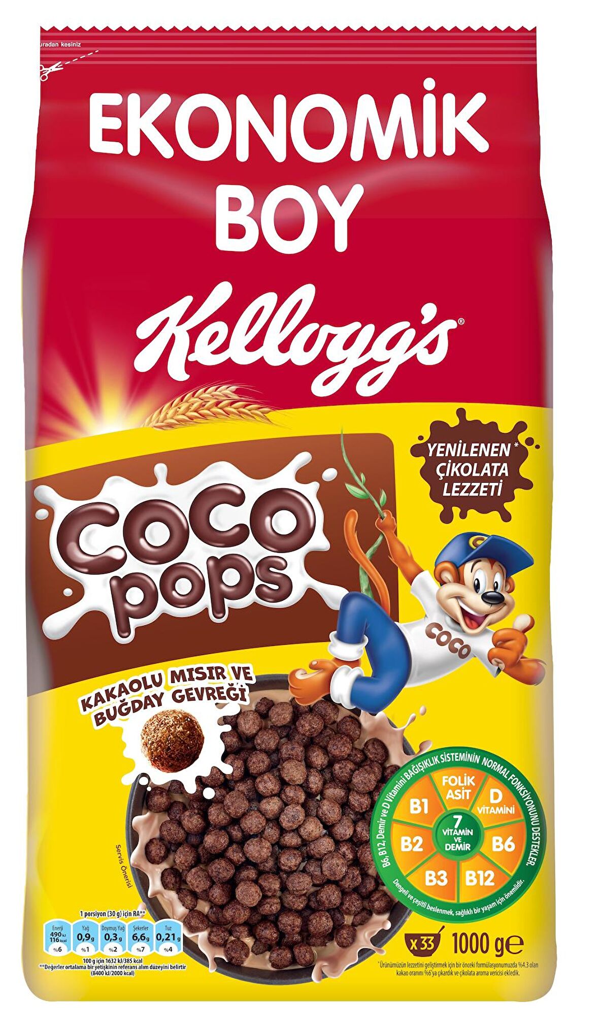 Kellogg's Coco Pops Çikolatalı Buğday ve Mısır Gevreği 1000 Gr, Lif,Demir ve 6 Vitamin içerir