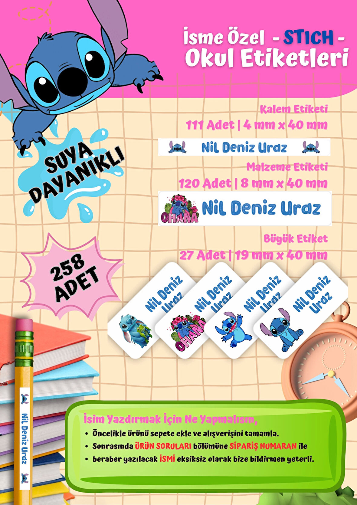 Stitch Temalı Kişiye Özel Suya Dayanıklı Okul Etiketi Seti - 258 Adet İsimli Etiket
