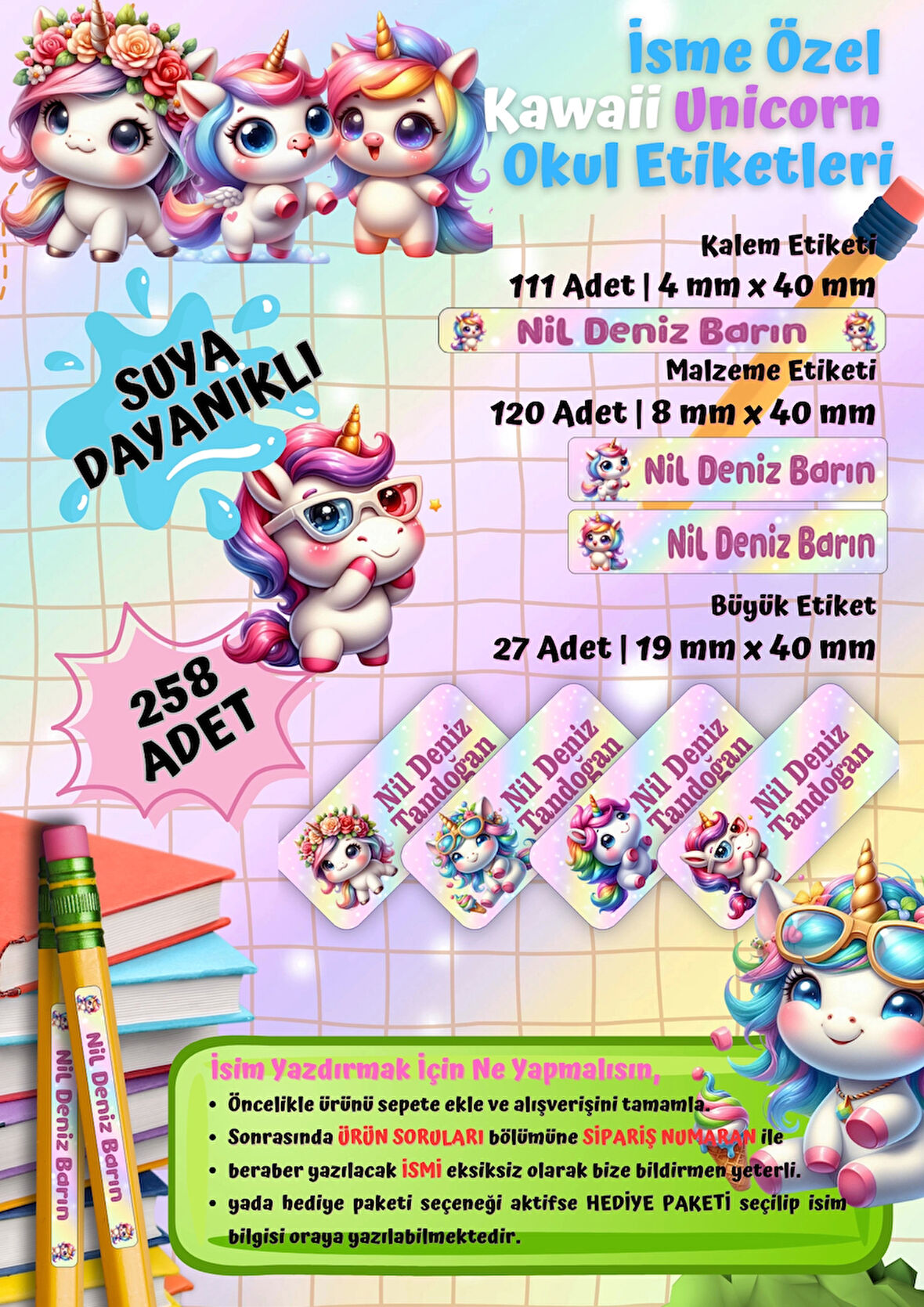 Yeni Unicorn Temalı Kişiye Özel Suya Dayanıklı Okul Etiketi Seti – 258 Adet İsimli Çıkartma