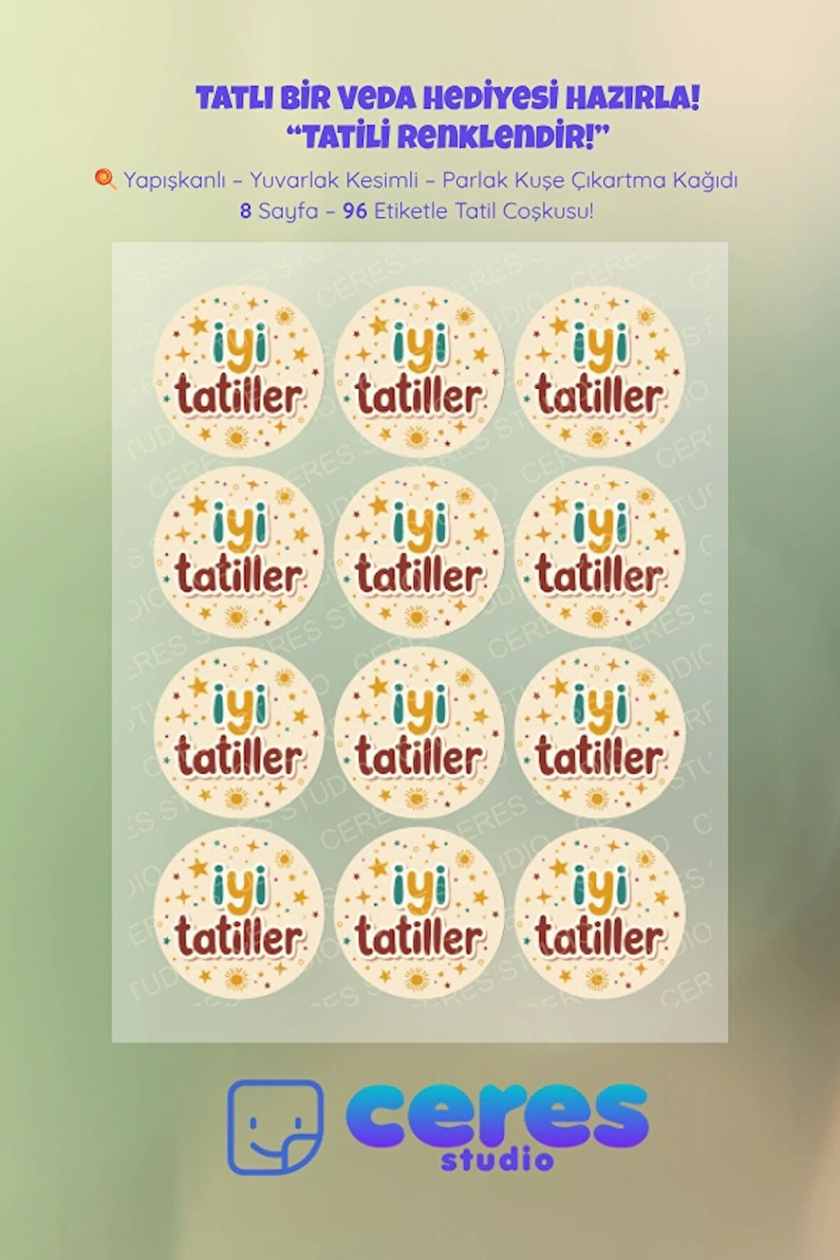 İyi Tatiller Sticker Seti İ1- 96 Adet Yuvarlak Etiket | Yapışkanlı, Parlak Kuşe Çıkartma Kağıdı