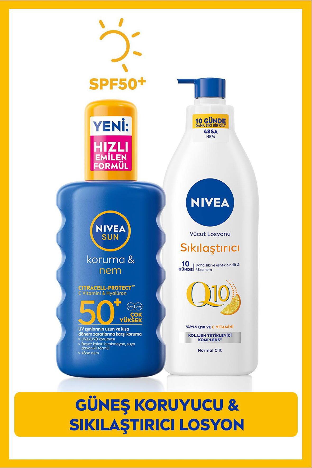 Nivea Sun Güneş Koruyucu Vücut Spreyi 200ml Spf50 Ve Q10 Sıkılaştırıcı Vücut Losyonu 400ml, Çanta Hediye